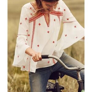 Anthropologie Floreat Embroidered Peasant Blouse Top White‎ Red Boho Chic